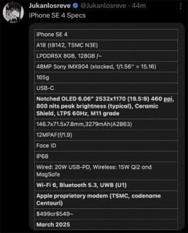 苹果iPhone SE 4完整规格表和定价已泄露